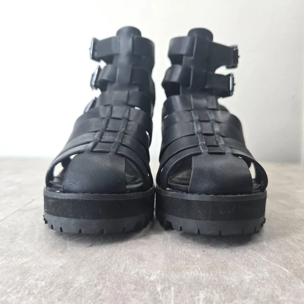 Aldo Fisherman Sandals Sz 7 Black Leather Grunge Goth Strappy Caged Chunky Lug - Picture 3 of 12